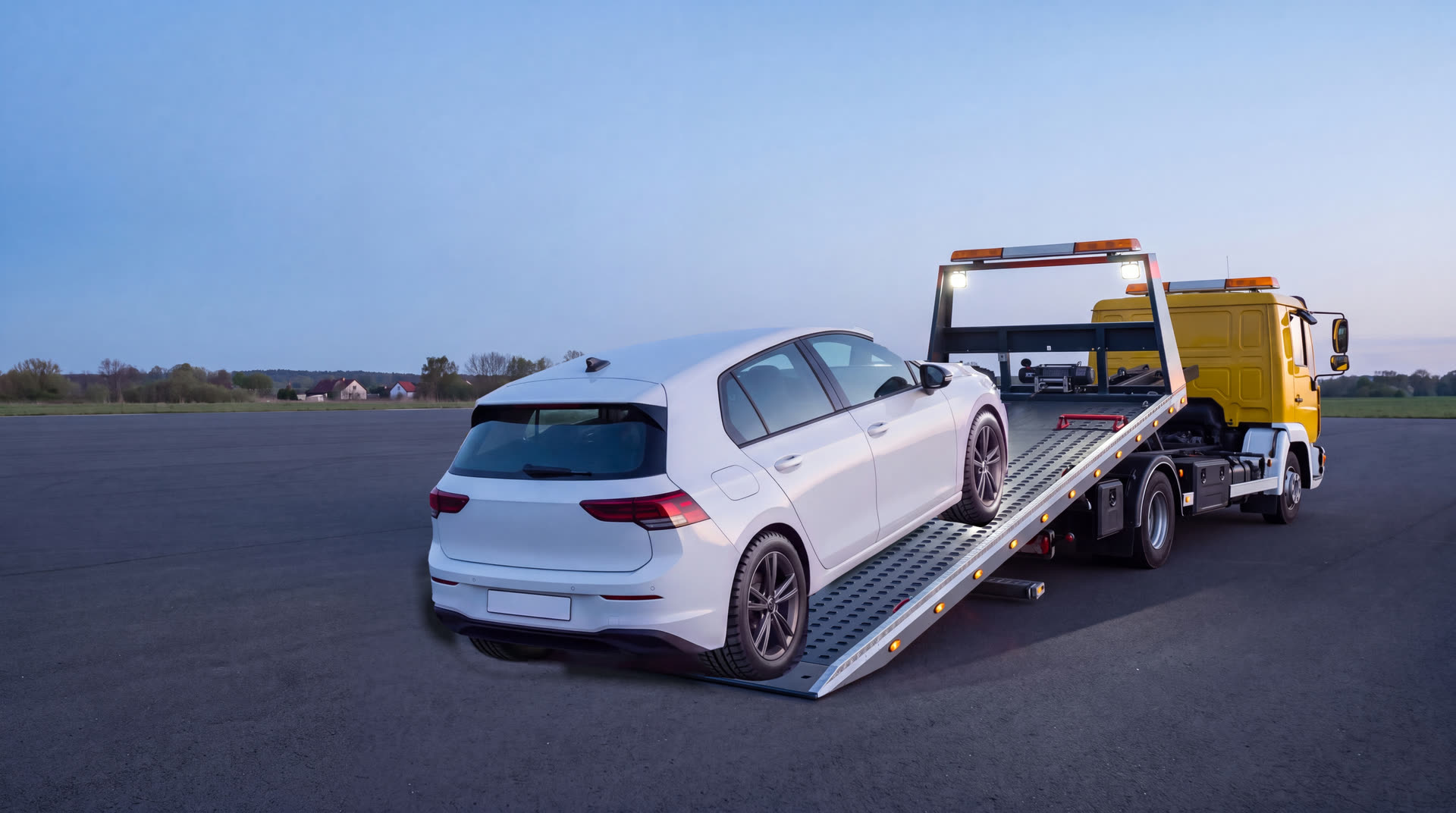 Žuti šleper sa spuštenom platformom u sumrak. Beli automobil čeka na dnu rampe.